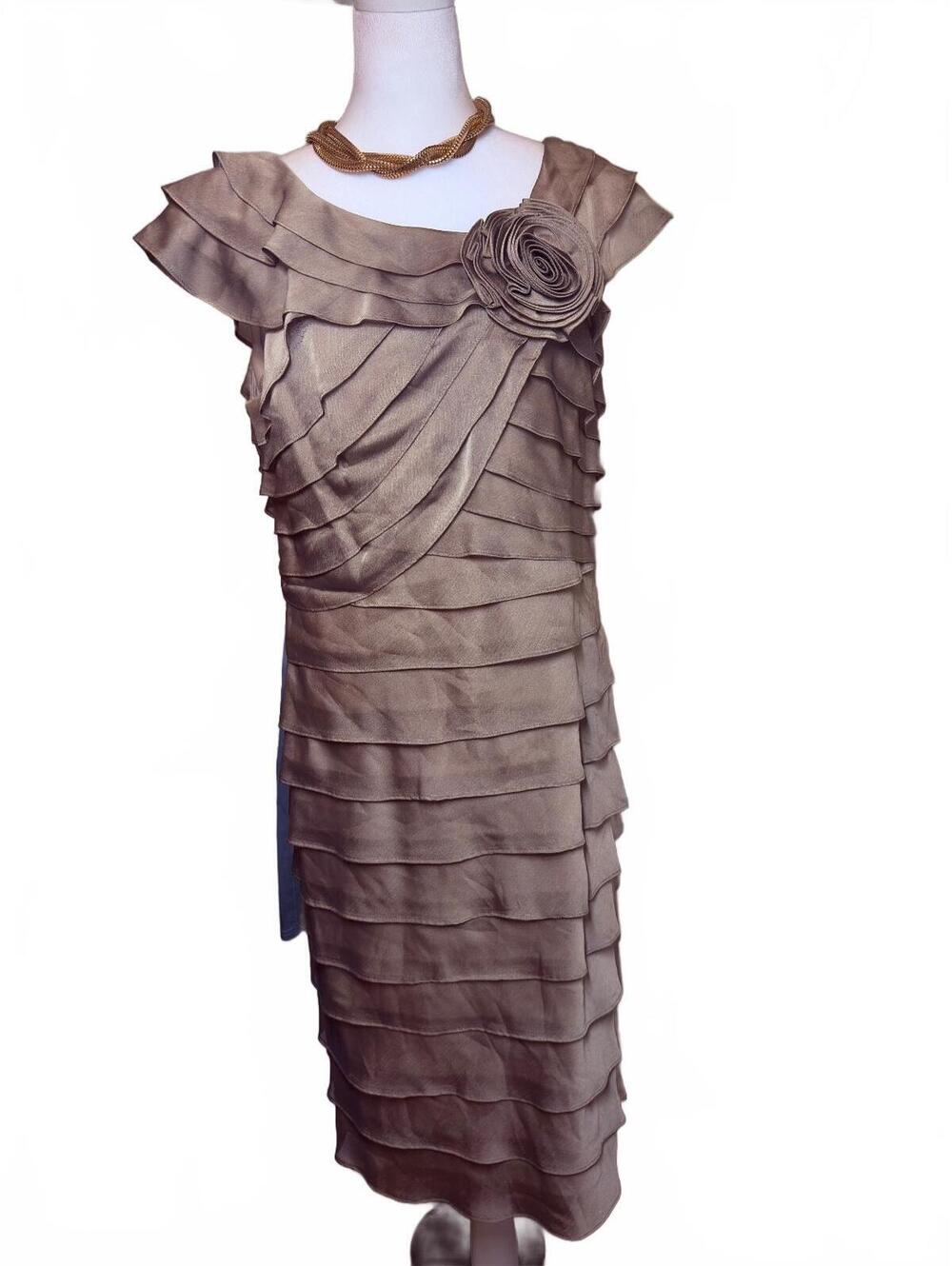 London Times Taupe Tulle Tiered Flower Dress 14